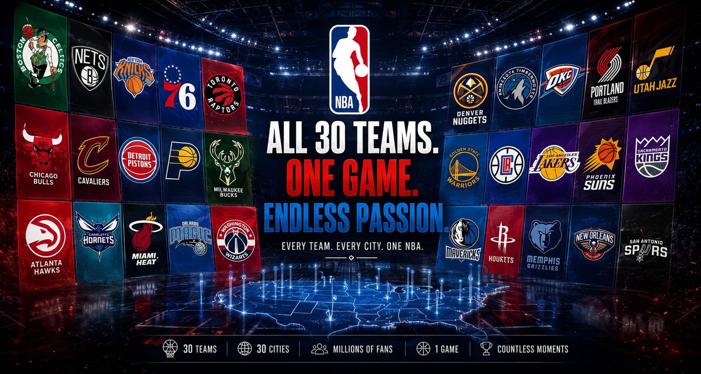 All 30 NBA teams across the Eastern and Western Conference — every team, every city, one NBA